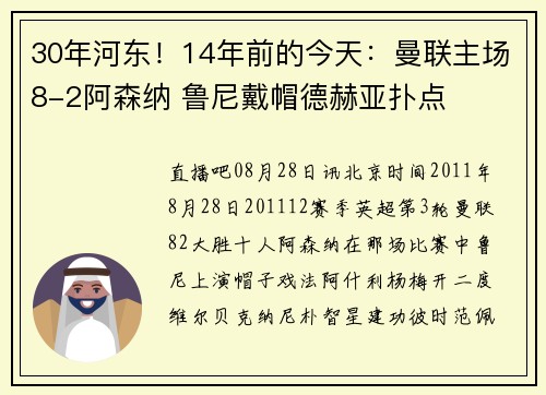 30年河东！14年前的今天：曼联主场8-2阿森纳 鲁尼戴帽德赫亚扑点